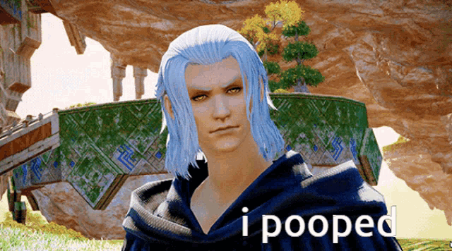 a video game character says i pooped in front of some rocks