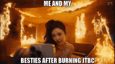 a woman is taking a picture of herself in front of a fire with the caption " me and my besties after burning itbc "