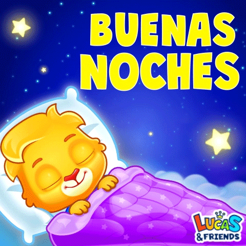 a cartoon of a lion sleeping under a purple blanket with the words " buenas noches " above it