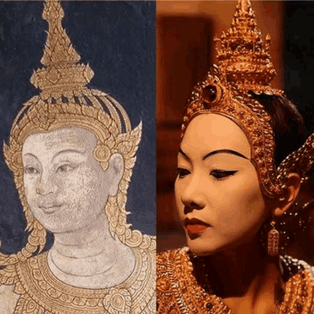 a painting of a woman with a crown on her head is next to a picture of a woman wearing a crown