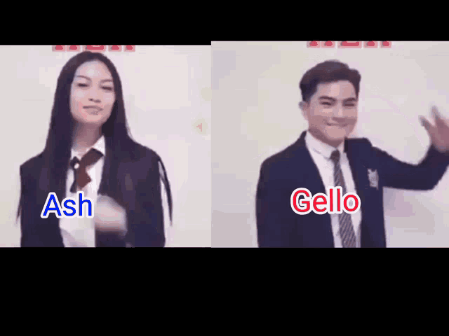 a man and a woman are standing next to each other with ash and gello written on the screen
