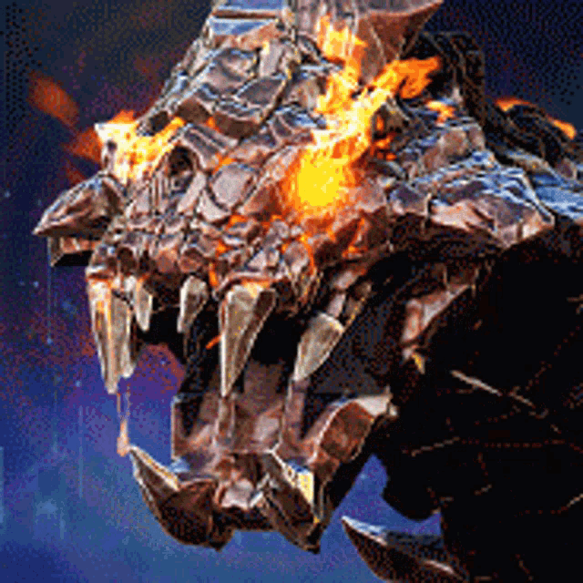 a close up of a monster 's head with flames coming out of it 's mouth