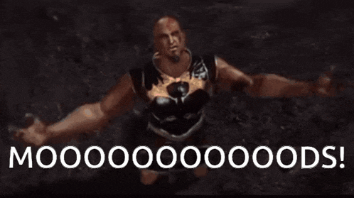 a man with his arms outstretched and the words mooooooooods on the bottom