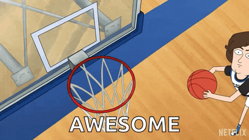 a cartoon of a man dunking a basketball with the word awesome written below him