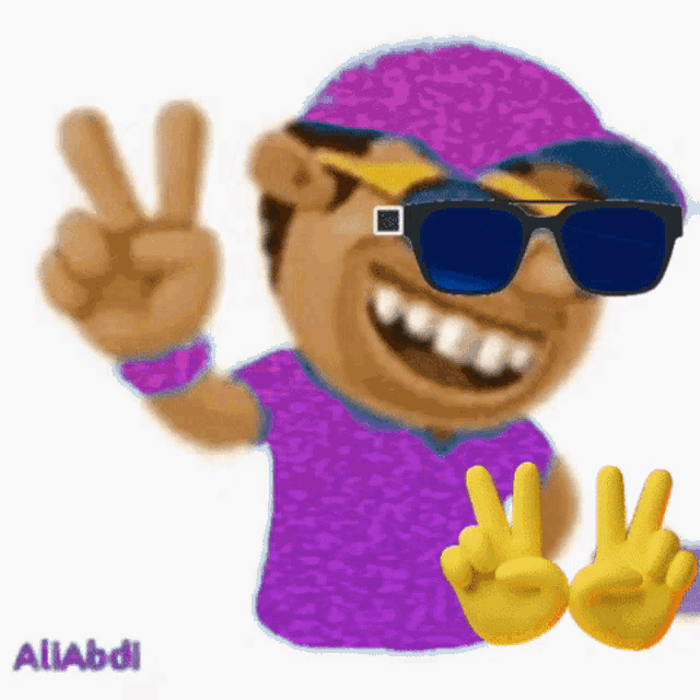 a cartoon character wearing sunglasses and a purple shirt is giving a peace sign