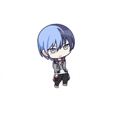 a chibi drawing of a boy with blue hair and black pants .