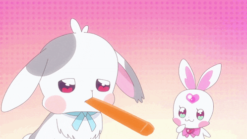 a cartoon rabbit eating a carrot with hearts surrounding it