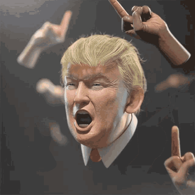 a statue of donald trump is surrounded by fingers pointing at him