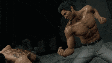 a man without a shirt is being lifted up by another man