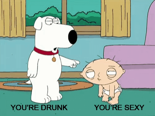 a cartoon of a dog pointing at a baby with the words " you 're drunk " and " you 're sexy "