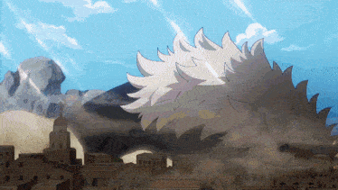 a cartoon drawing of a city with a mountain in the distance