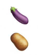a purple eggplant and a brown potato are floating in the air