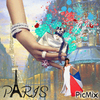 a woman in a white dress is holding a bottle of perfume in front of the eiffel tower in paris