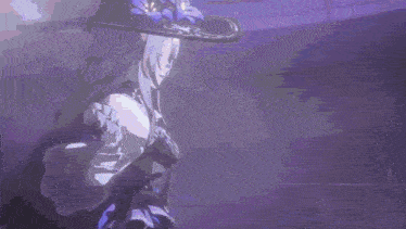a woman in a purple dress is dancing in a dark room with a purple background .