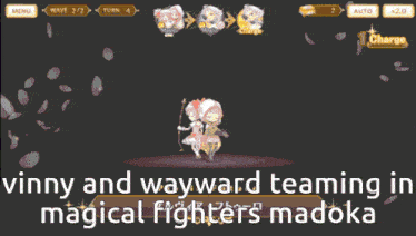 a screen shot of a video game with the words " funny and wayward teaming in magical fighters madoka "