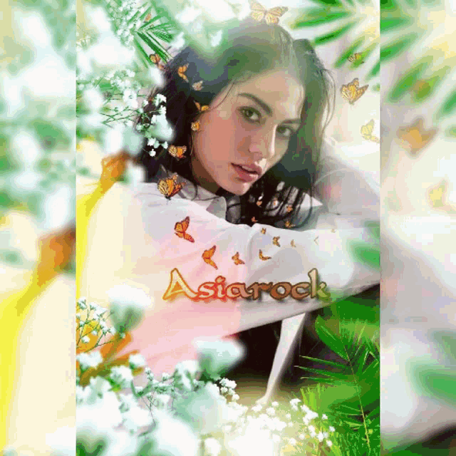 a picture of a woman with butterflies in her hair and the words asiarock on the bottom