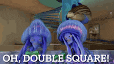 a couple of jellyfish are standing next to each other with the words oh double square below them