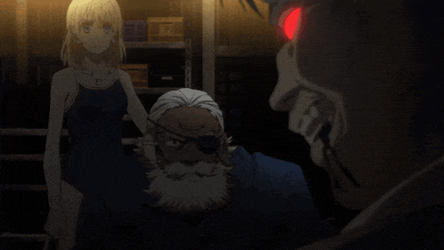 a man with a bandage on his eye looks at a woman