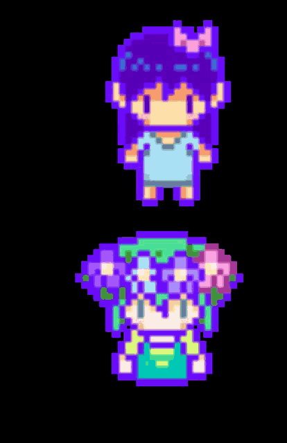 a pixel art of a little girl with purple hair
