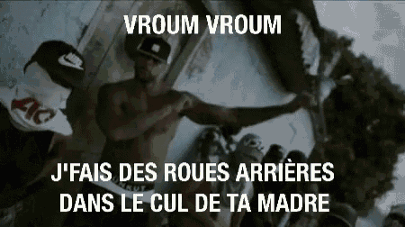 a man without a shirt is standing in front of a group of people with the words " vroom vroom " on the top