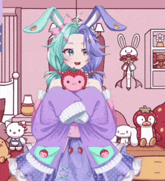 a girl with bunny ears holding a stuffed animal