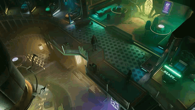 an aerial view of a futuristic room with a sign that says ready