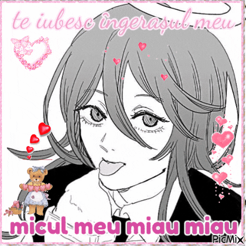 a black and white drawing of a girl with her tongue out and the words micul meu miau miau