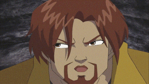 a cartoon character with red hair and a beard is making a face