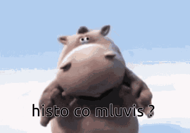 a stuffed hippo with the words histo co mluvis written on it