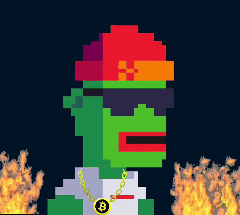 a pixel art of a man wearing a hat and sunglasses with a bitcoin necklace