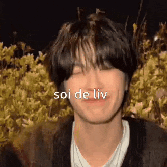 a close up of a person 's face with the words `` soi de liv '' written on it .