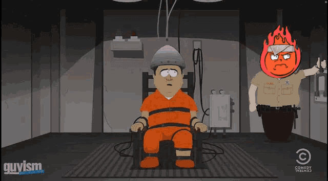 a cartoon of a man sitting in a chair with a fireball on his head
