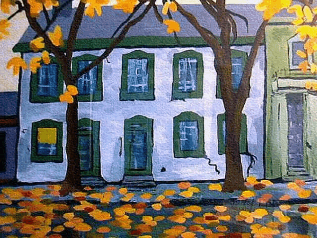 a painting of a white house with green trim