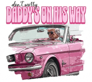a man is driving a pink car with the words daddy 's on his way