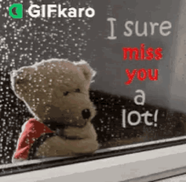 a teddy bear is looking out of a window with the words `` i sure miss you a lot '' .