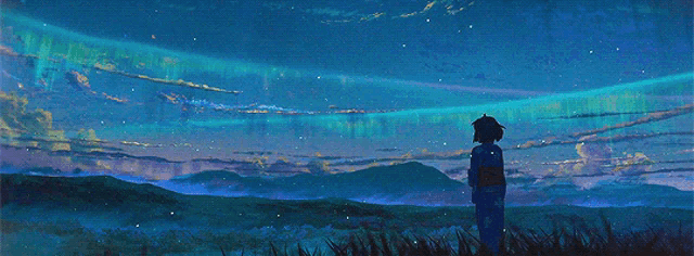 a girl in a kimono stands in a field watching the stars fall from the sky