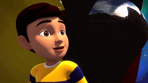 a cartoon boy with his eyes closed and a reflection of a moon in the background