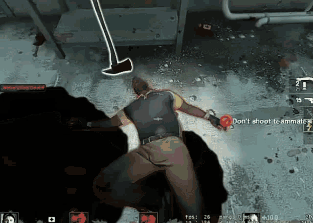 a man is laying on the floor in a video game with a red sign that says " don 't shoot teammates "