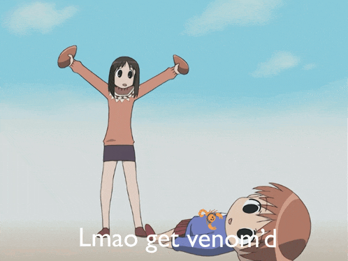 a cartoon of a girl standing next to a boy with the words " lmao get venom " written below her