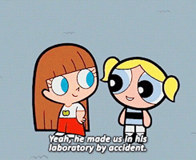 bubbles from the powerpuff girls is talking to a little girl