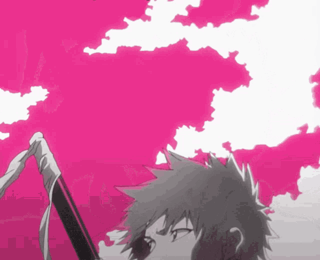 a black and white drawing of a man with a sword against a pink background