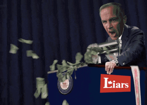 a man stands behind a podium with a sign that says liars