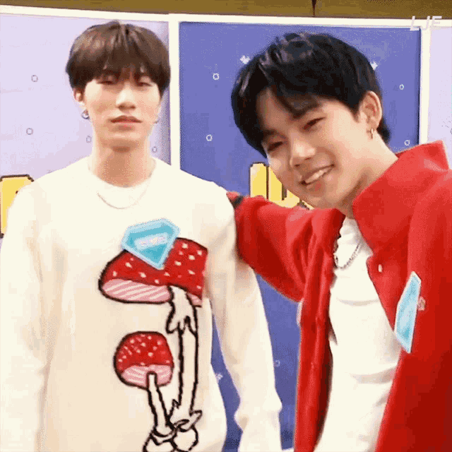 two young men are standing next to each other with one wearing a sweater with mushrooms on it .
