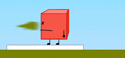 a red cube with arms and legs is standing on top of a white box .