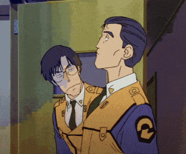 two men are standing next to each other with the letter c on their uniform