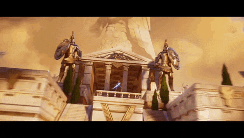 a statue of a man holding a sword in front of a building with columns