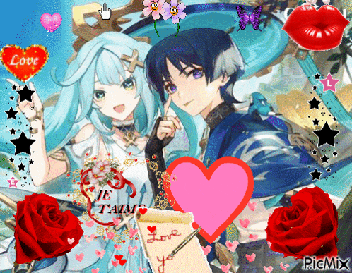 a picture of a boy and a girl surrounded by roses and a heart that says love
