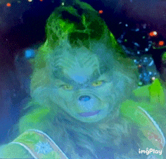 a painting of the grinch with a christmas tree in the background .