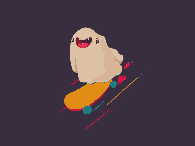 a cartoon ghost is riding a skateboard with its tongue out