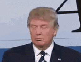 donald trump is wearing a suit and tie and making a funny face with his eyes closed .